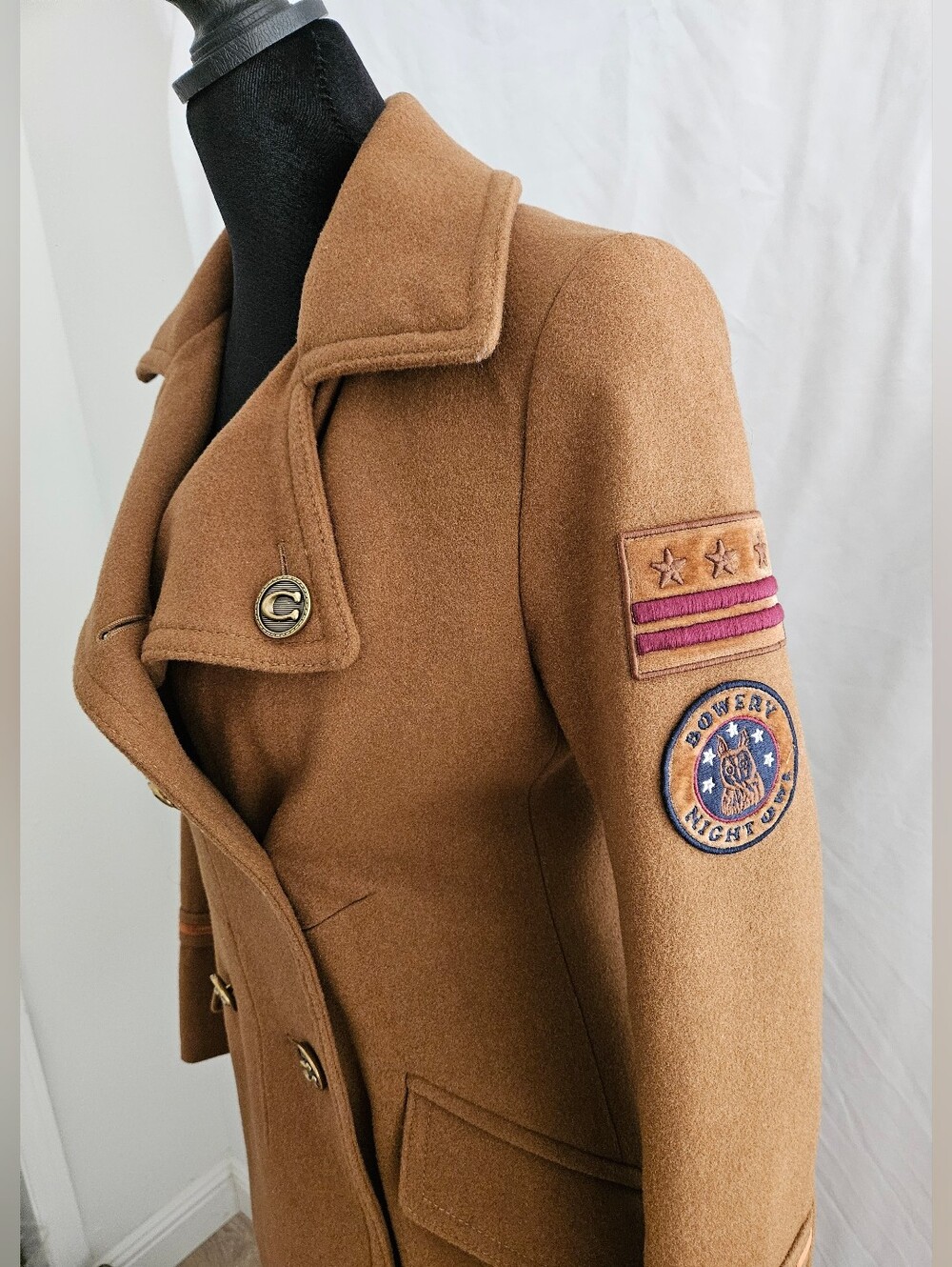 Coach Camel Brown Wool Peacoat with Embroidered Sleeve Patches